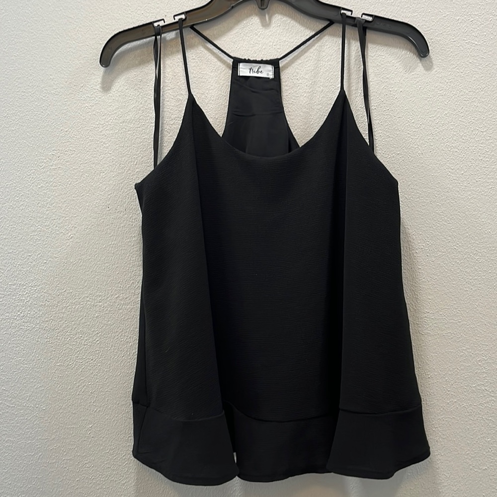 TRIBE Spaghetti Strap Ruffle Black Blouse Large